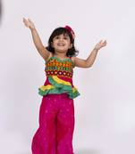 Twisha strappy mirrrorwork frilled top with palazzo set - pink & yellow