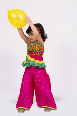 Twisha strappy mirrrorwork frilled top with palazzo set - pink & yellow 2