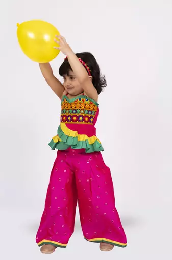 Twisha strappy mirrrorwork frilled top with palazzo set - pink & yellow