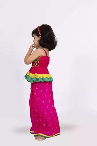 Twisha strappy mirrrorwork frilled top with palazzo set - pink & yellow