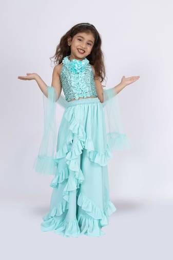 Twisha girls halter neck  frilled top with ghaghra-sea green