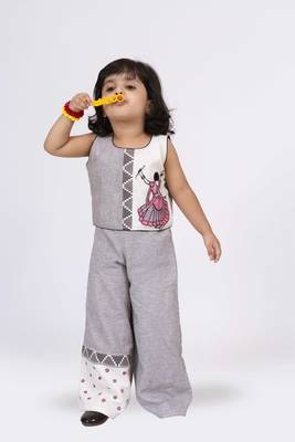 Twisha sleeveless embroidered top with palazzo set - grey & white 1