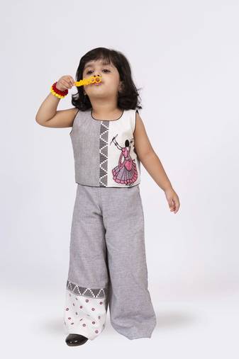 Twisha sleeveless embroidered top with palazzo set - grey & white