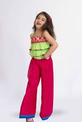 Twisha girls linen shoulder strap top with palazzo-lime green & pink 1