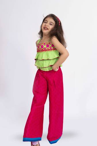 Twisha girls linen shoulder strap top with palazzo-lime green & pink