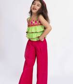Twisha girls linen shoulder strap top with palazzo-lime green & pink