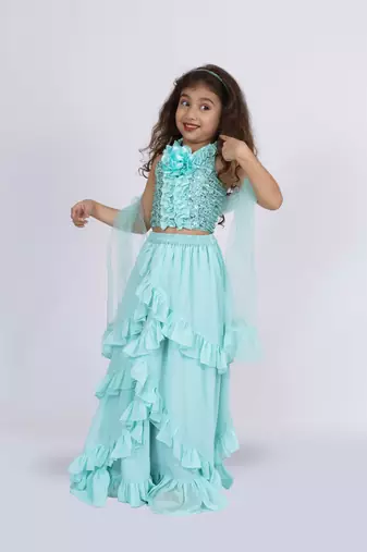 Twisha girls halter neck  frilled top with ghaghra-sea green