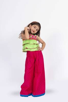 Twisha girls linen shoulder strap top with palazzo-lime green & pink 2