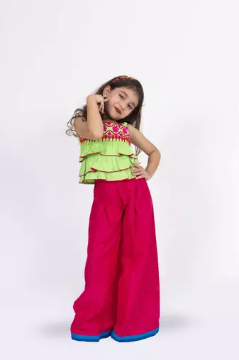 Twisha girls linen shoulder strap top with palazzo-lime green & pink