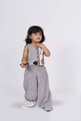 Twisha sleeveless embroidered top with palazzo set - grey & white 2