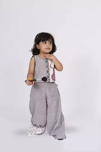 Twisha sleeveless embroidered top with palazzo set - grey & white