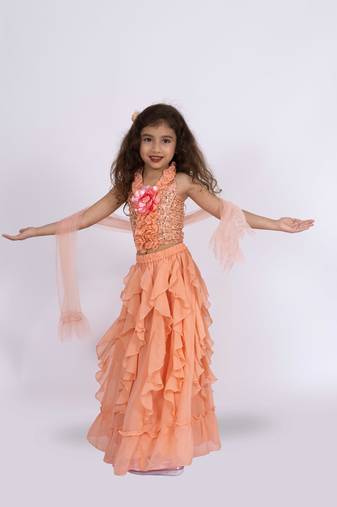 Twisha girls halter neck frilled top with ghaghra-peach