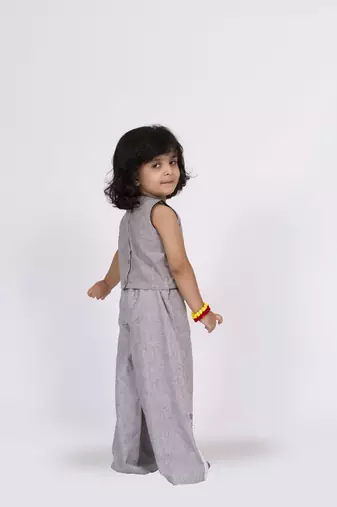 Twisha sleeveless embroidered top with palazzo set - grey & white