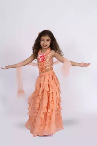 Twisha girls halter neck frilled top with ghaghra-peach