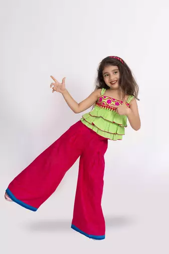 Twisha girls linen shoulder strap top with palazzo-lime green & pink