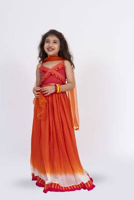 Twisha strppy crisscrossed  frilled top with ghagra set - orange & pink 1