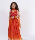 Twisha strppy crisscrossed  frilled top with ghagra set - orange & pink