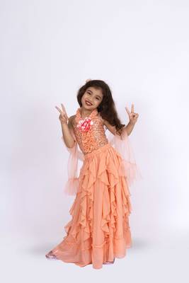 Twisha girls halter neck frilled top with ghaghra-peach 4