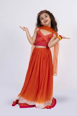 Twisha strppy crisscrossed  frilled top with ghagra set - orange & pink 2