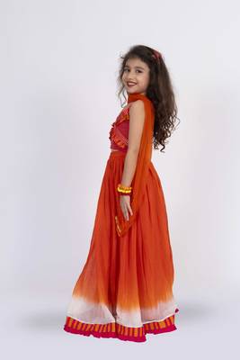 Twisha strppy crisscrossed  frilled top with ghagra set - orange & pink 3