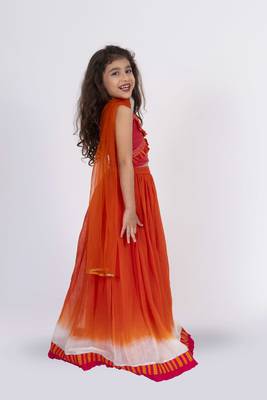 Twisha strppy crisscrossed  frilled top with ghagra set - orange & pink 4