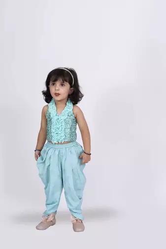 Twisha girls halter neck sequins top & dhoti pant - sea green