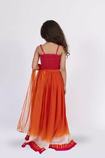 Twisha strppy crisscrossed  frilled top with ghagra set - orange & pink