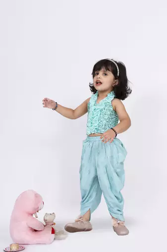 Twisha girls halter neck sequins top & dhoti pant - sea green