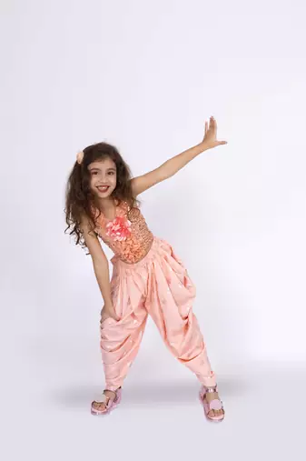 Twisha girls halter neck sequins top & dhoti pant - peach
