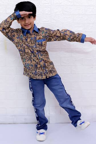Twisha boys full sleeves elephant printed shirt - blue