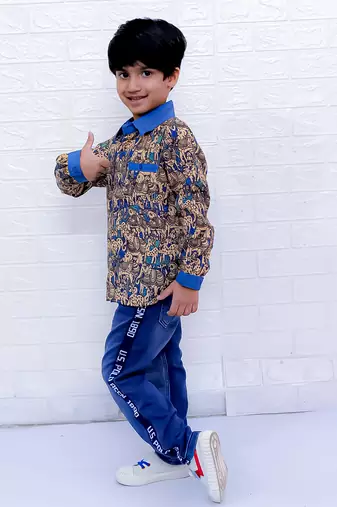 Twisha boys full sleeves elephant printed shirt - blue