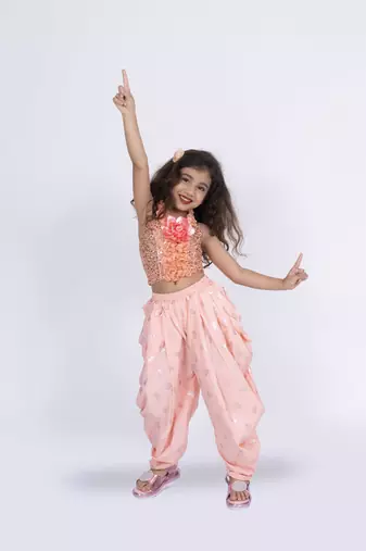 Twisha girls halter neck sequins top & dhoti pant - peach
