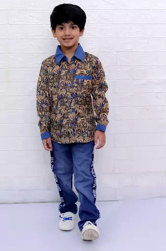 Twisha boys full sleeves elephant printed shirt - blue