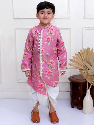 Twisha boys full sleeves printed kurta with dhoti pants set - mauve & white 1