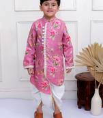 Twisha boys full sleeves printed kurta with dhoti pants set - mauve & white