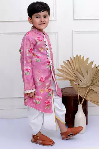 Twisha boys full sleeves printed kurta with dhoti pants set - mauve & white