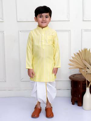Twisha boys full sleeves woven stripes  kurta with dhoti pants set - yellow & white 1