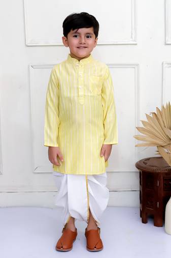 Twisha boys full sleeves woven stripes  kurta with dhoti pants set - yellow & white