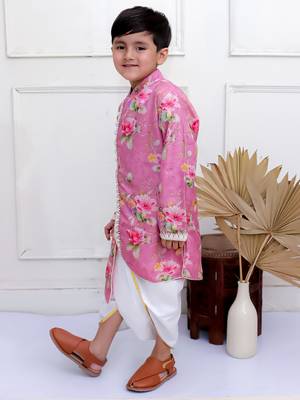 Twisha boys full sleeves printed kurta with dhoti pants set - mauve & white 3