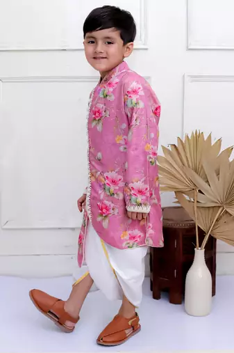 Twisha boys full sleeves printed kurta with dhoti pants set - mauve & white