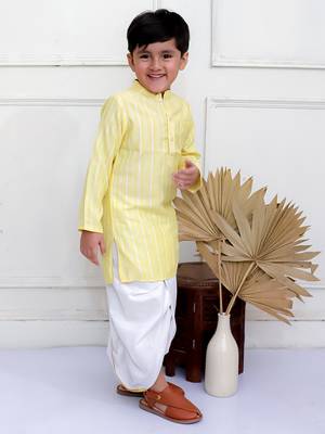 Twisha boys full sleeves woven stripes  kurta with dhoti pants set - yellow & white 2