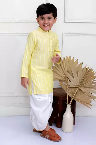 Twisha boys full sleeves woven stripes  kurta with dhoti pants set - yellow & white