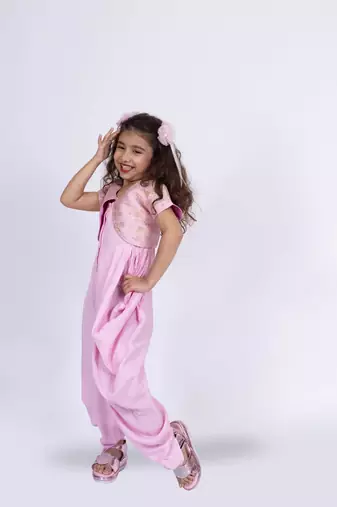 Twisha girls strappy jumpsuit with brocade jacket-baby pink
