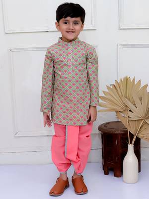 Twisha boys full sleeves printed kurta with dhoti pants set - grey & coral 1
