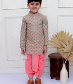 Twisha boys full sleeves printed kurta with dhoti pants set - grey & coral