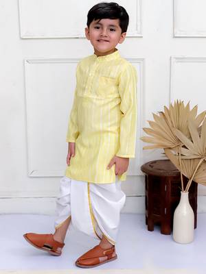 Twisha boys full sleeves woven stripes  kurta with dhoti pants set - yellow & white 3