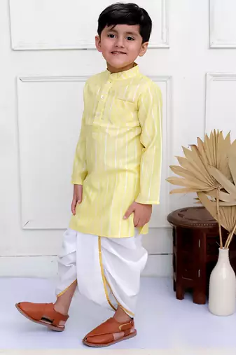 Twisha boys full sleeves woven stripes  kurta with dhoti pants set - yellow & white