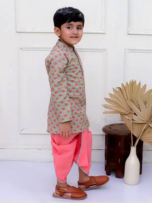 Twisha boys full sleeves printed kurta with dhoti pants set - grey & coral 2