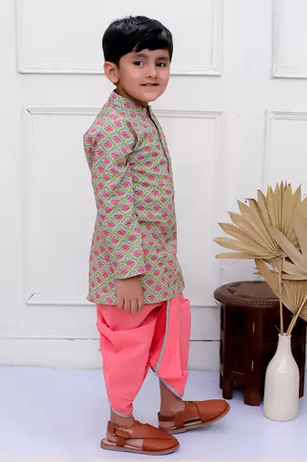 Twisha boys full sleeves printed kurta with dhoti pants set - grey & coral