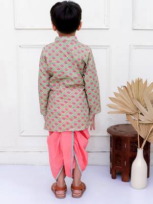 Twisha boys full sleeves printed kurta with dhoti pants set - grey & coral 4